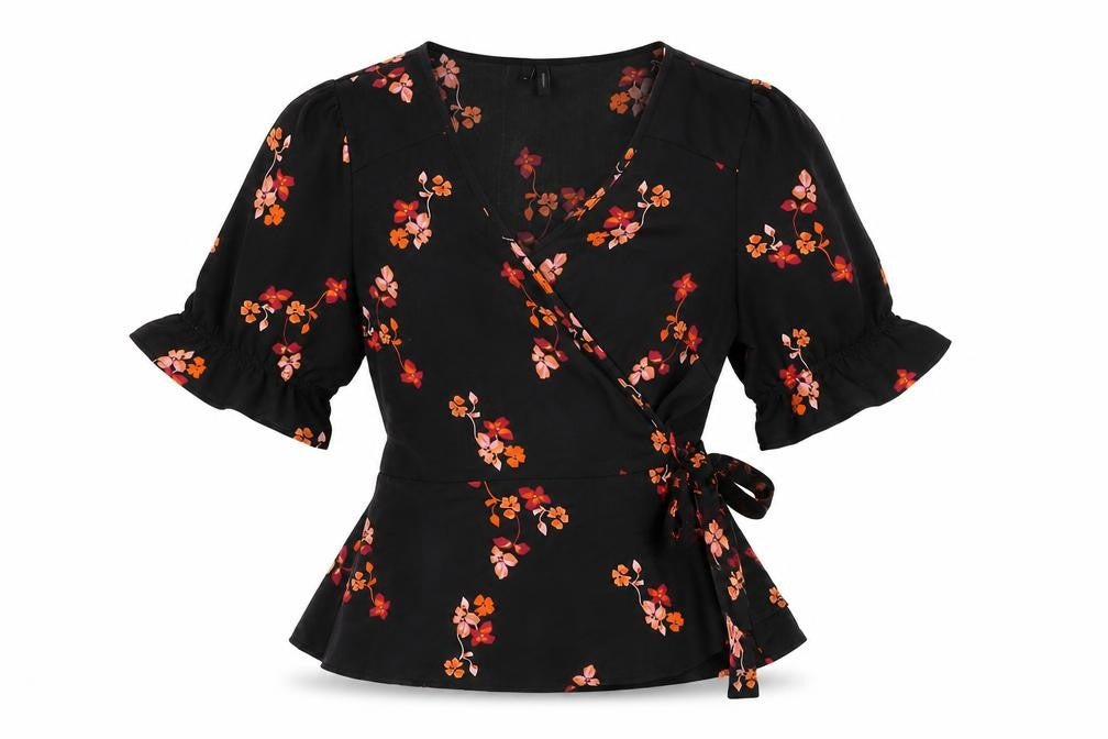 Front view of Vero Moda women’s black floral polyester wrap blouse, size M, v-neck