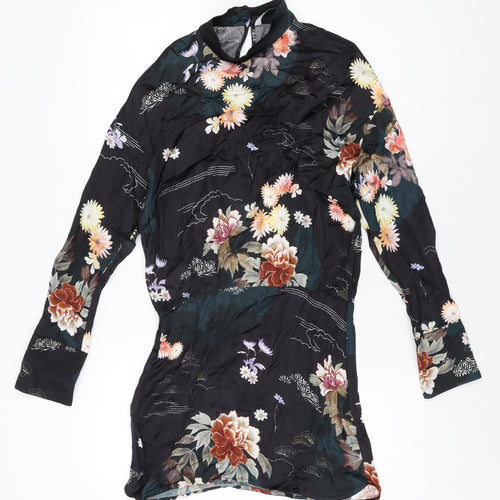 Zara Womens Black Floral Viscose Basic Blouse Size S High Neck