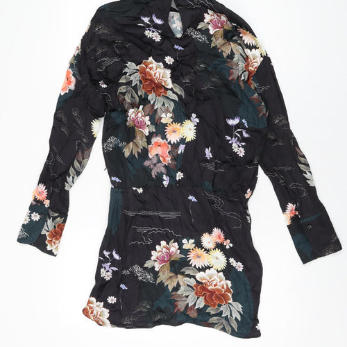 Zara Womens Black Floral Viscose Basic Blouse Size S High Neck