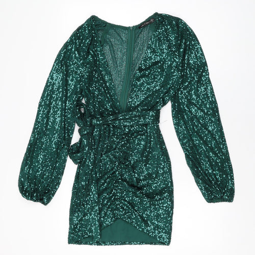 I SAW IT FIRST Womens Green Polyester Mini Size 8 V-Neck Zip - Sequins
