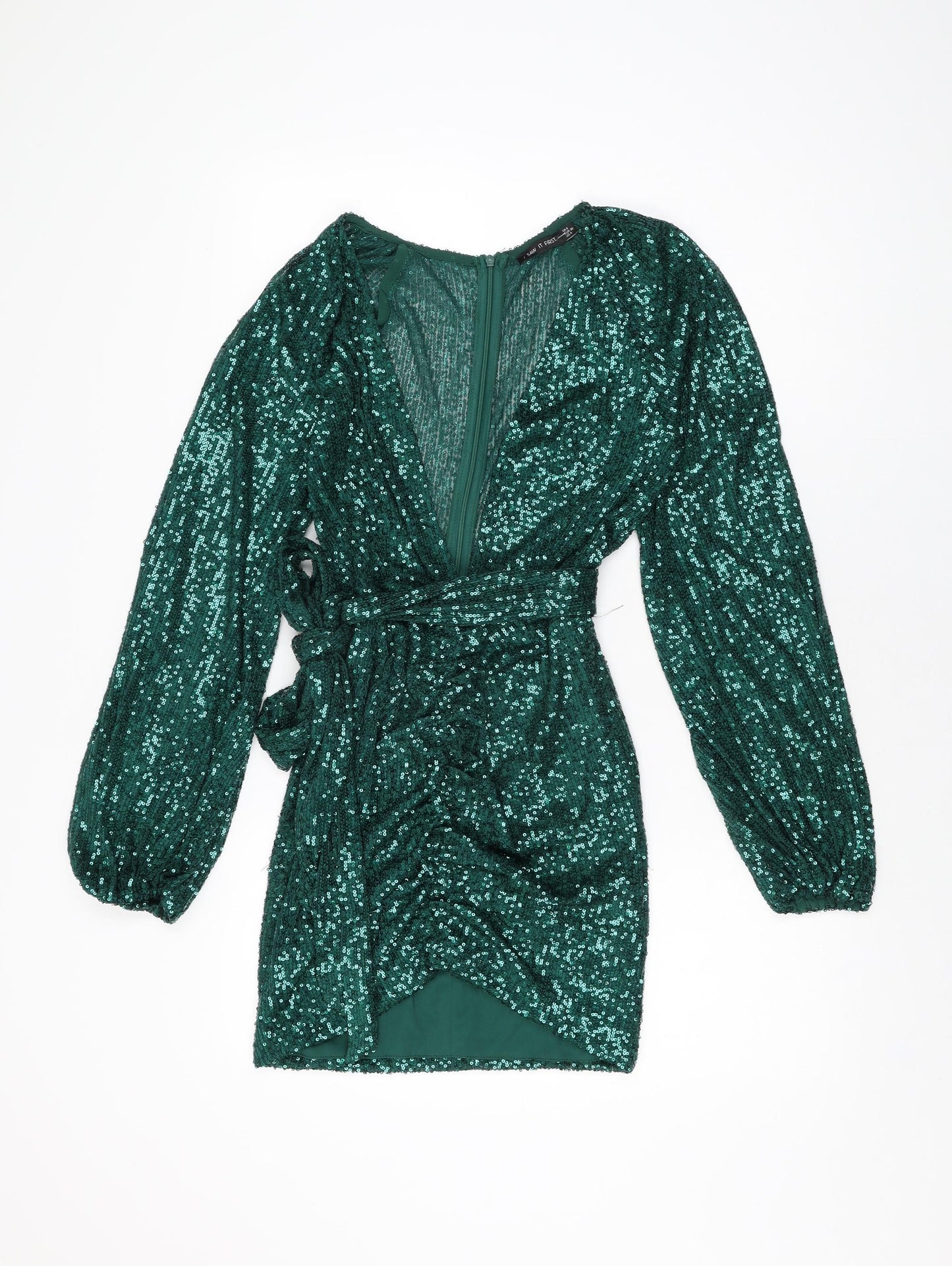 I SAW IT FIRST Womens Green Polyester Mini Size 8 V-Neck Zip - Sequins