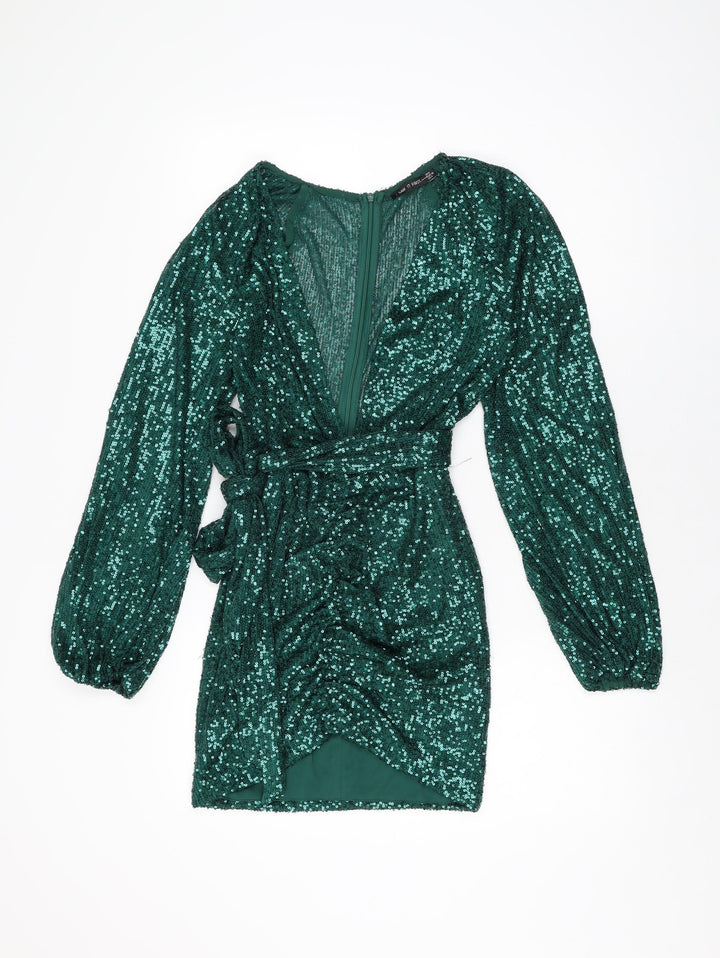 I SAW IT FIRST Womens Green Polyester Mini Size 8 V-Neck Zip - Sequins