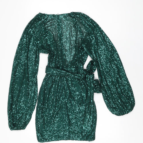 I SAW IT FIRST Womens Green Polyester Mini Size 8 V-Neck Zip - Sequins