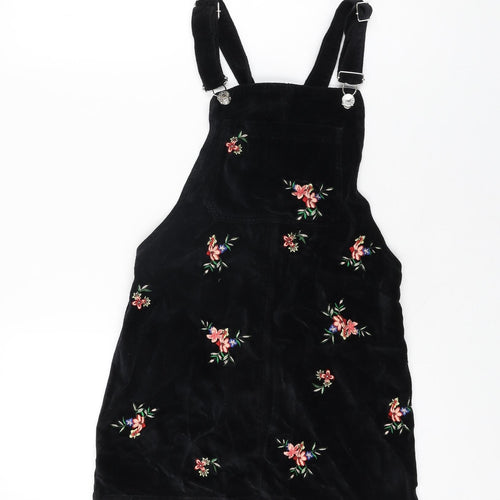 Topshop Womens Black Floral Cotton Pinafore/Dungaree Dress Size 4 Square Neck Button