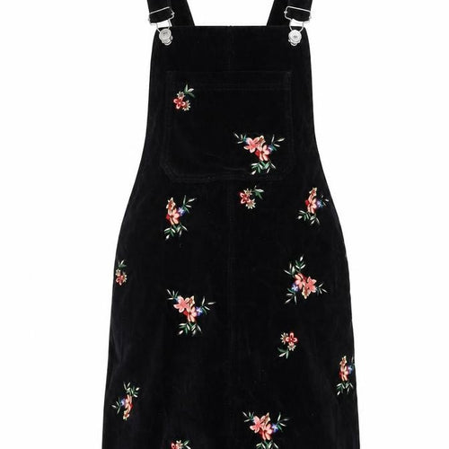 Topshop Womens Black Floral Cotton Pinafore/Dungaree Dress Size 4 Square Neck Button