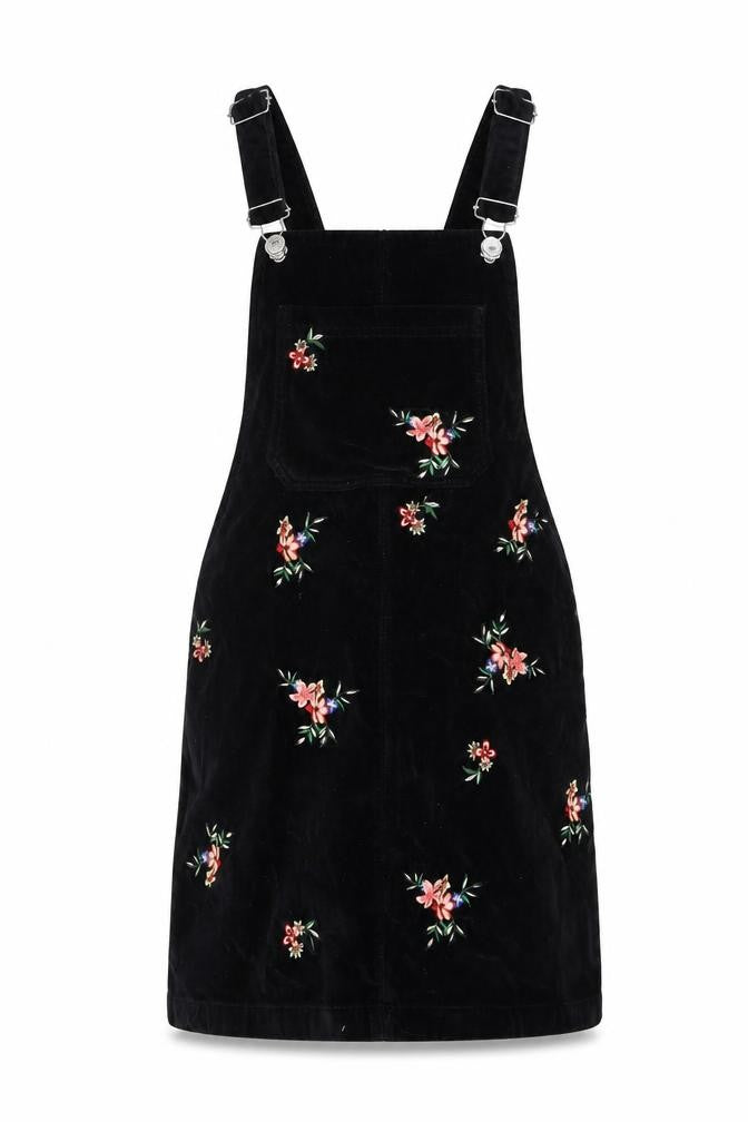Topshop Womens Black Floral Cotton Pinafore/Dungaree Dress Size 4 Square Neck Button