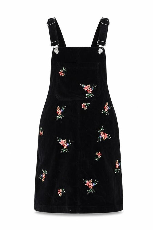 Front view of Topshop women’s black floral cotton pinafore/dungaree dress, size UK 4, square neck button