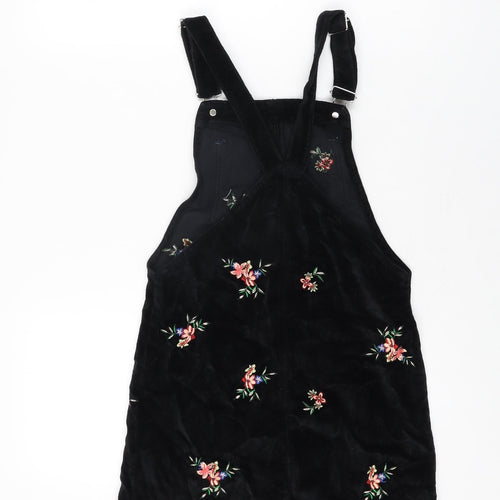 Topshop Womens Black Floral Cotton Pinafore/Dungaree Dress Size 4 Square Neck Button