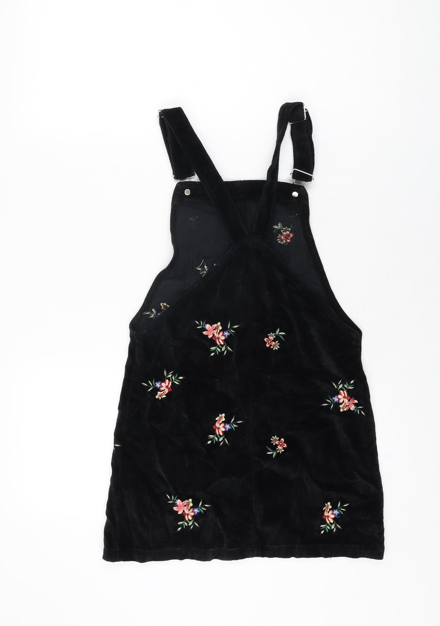 Topshop Womens Black Floral Cotton Pinafore/Dungaree Dress Size 4 Square Neck Button