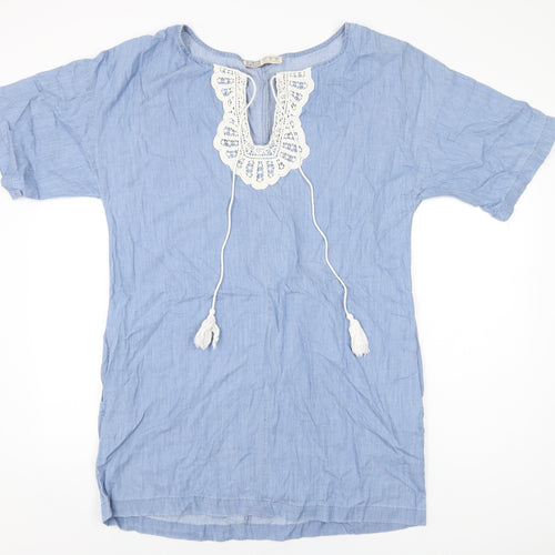 Zara Womens Blue Cotton Shift Size S V-Neck Pullover