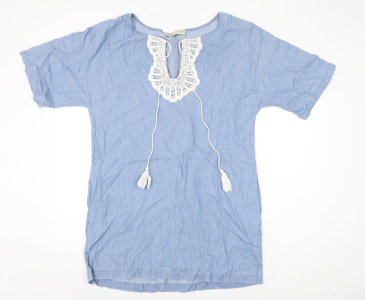 Zara Womens Blue Cotton Shift Size S V-Neck Pullover