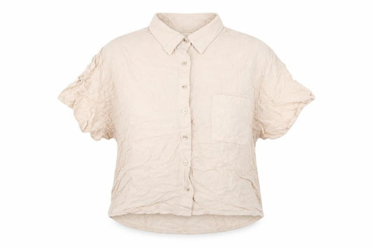 Front view of Bassika women’s pink viscose basic button-up, size M, collared