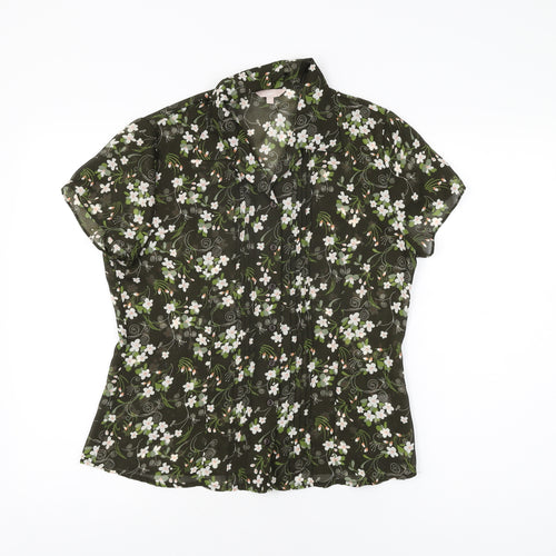 Soon Womens Green Floral Polyester Basic Button-Up Size 12 Collared