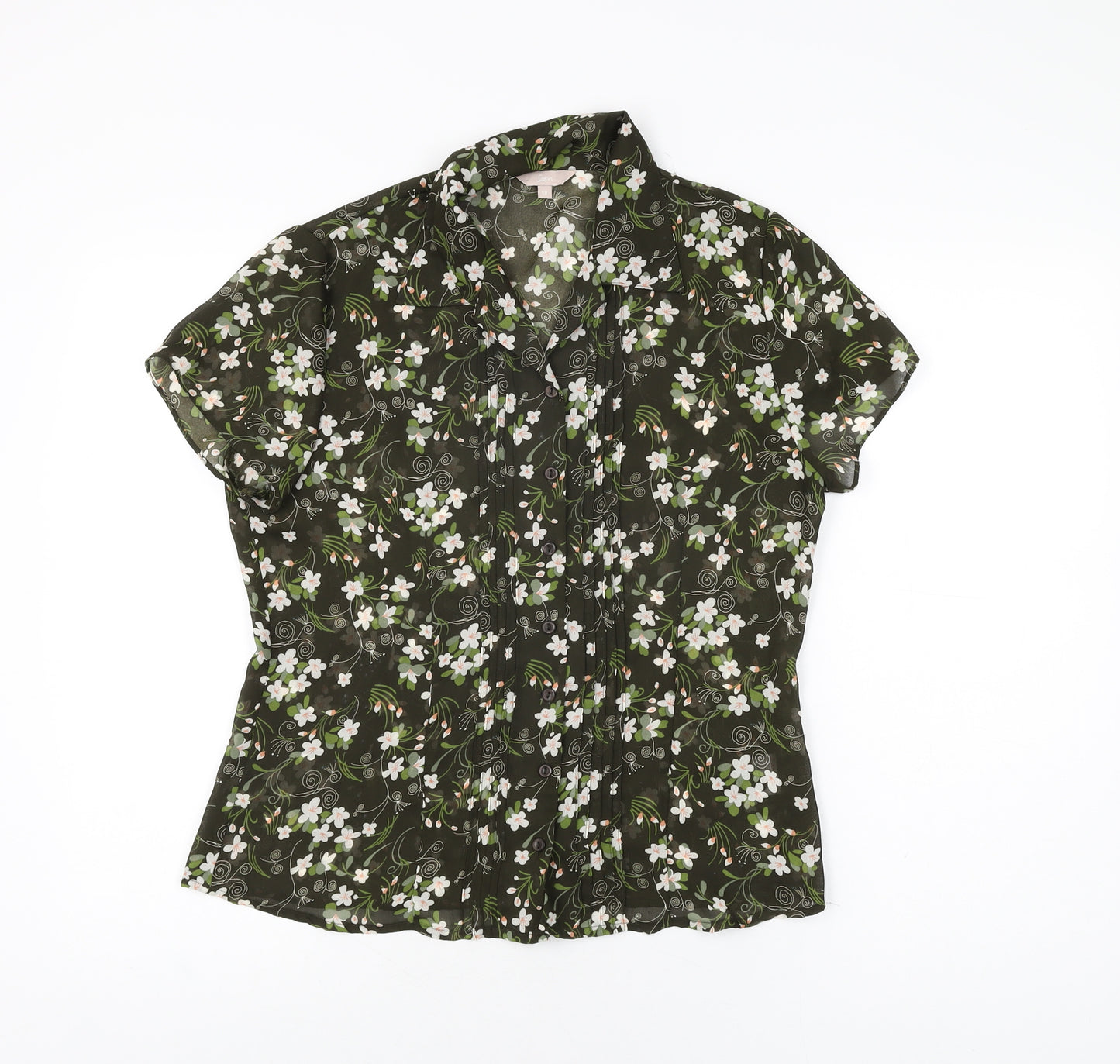 Soon Womens Green Floral Polyester Basic Button-Up Size 12 Collared