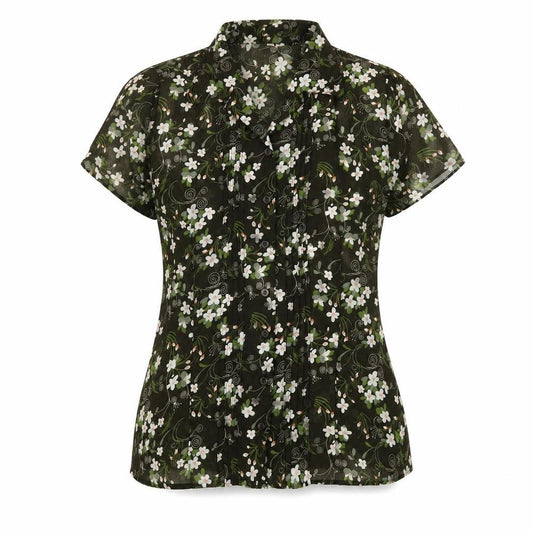 Front view of Soon women’s green floral polyester basic button-up, size UK 12, collared