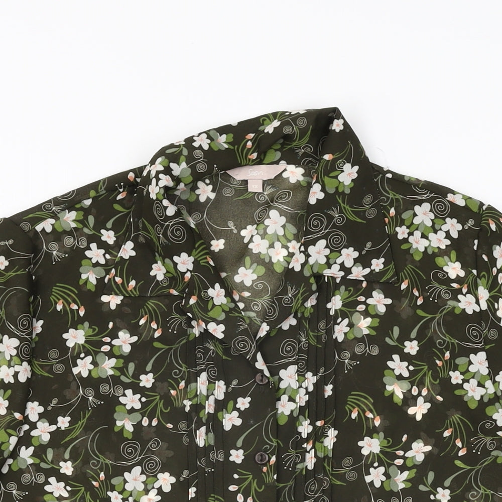 Soon Womens Green Floral Polyester Basic Button-Up Size 12 Collared