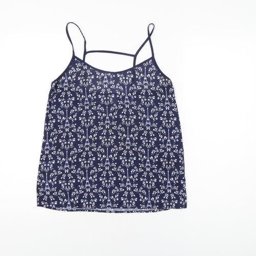 H&M Womens Blue Geometric Polyester Camisole T-Shirt Size 8 V-Neck