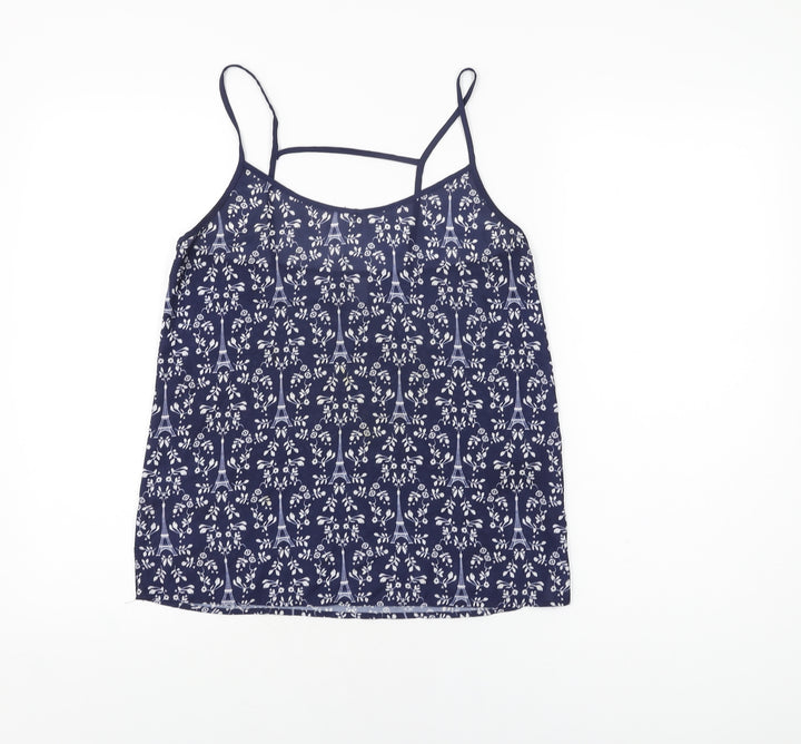 H&M Womens Blue Geometric Polyester Camisole T-Shirt Size 8 V-Neck