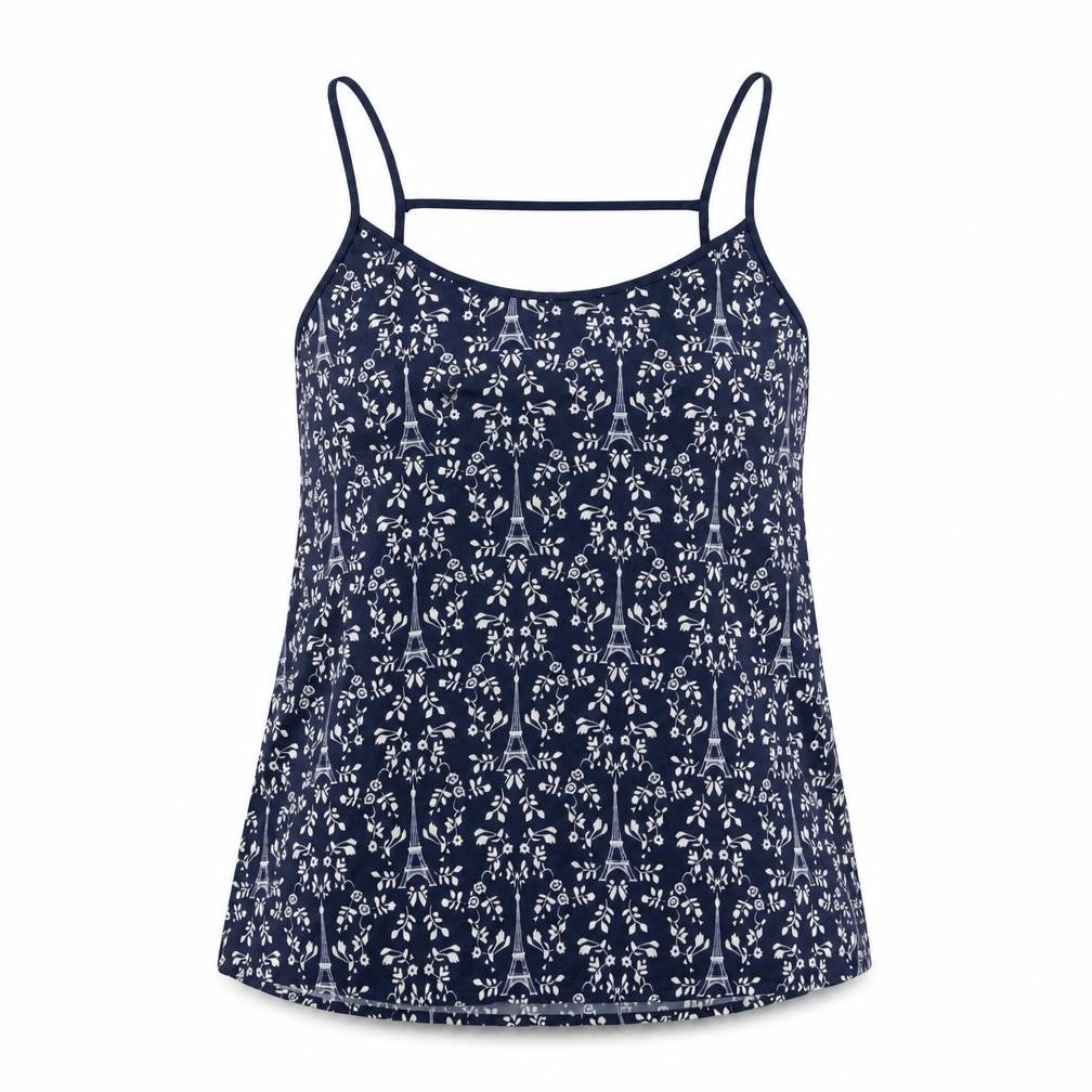 Front view of H&M women’s blue geometric polyester camisole t-shirt, size UK 8, v-neck