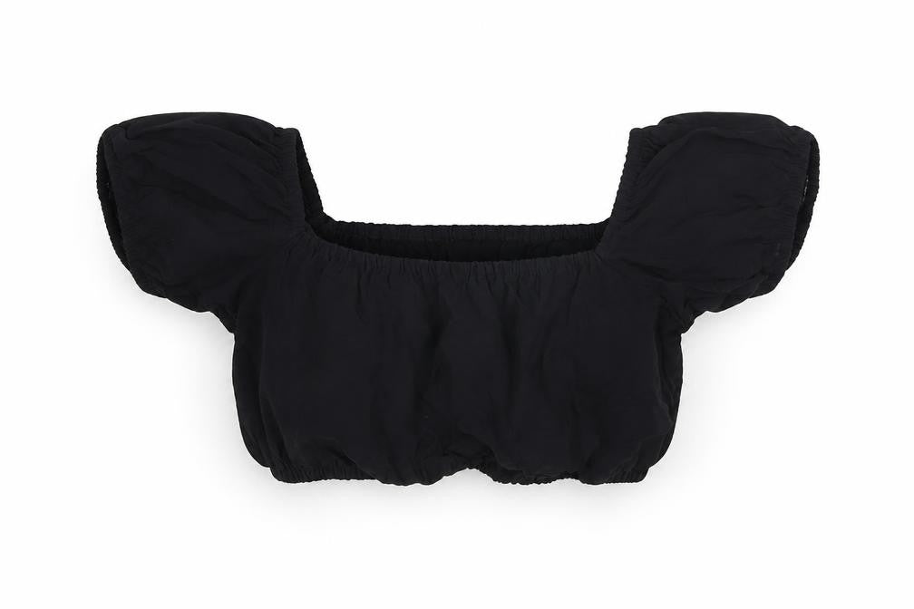 Front view of H&M women’s black viscose cropped t-shirt, size S, square neck