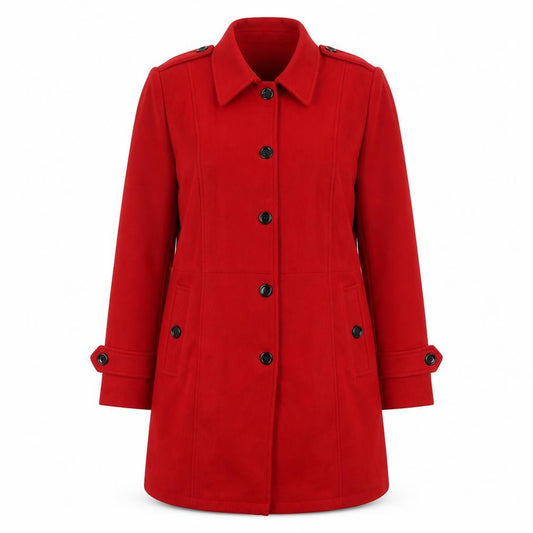 Front view of The Wool Makers women’s red overcoat coat, size L, button