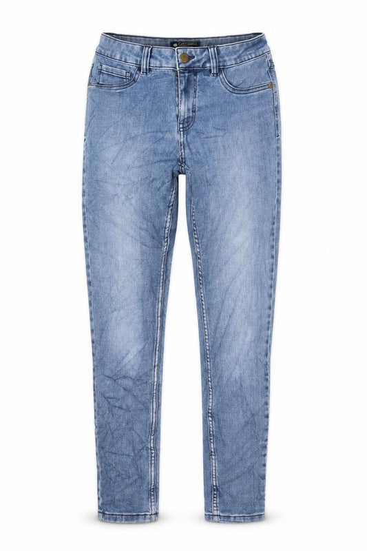 Front view of Avenue women’s blue cotton skinny jeans, size UK 10, 28-inch leg regular zip