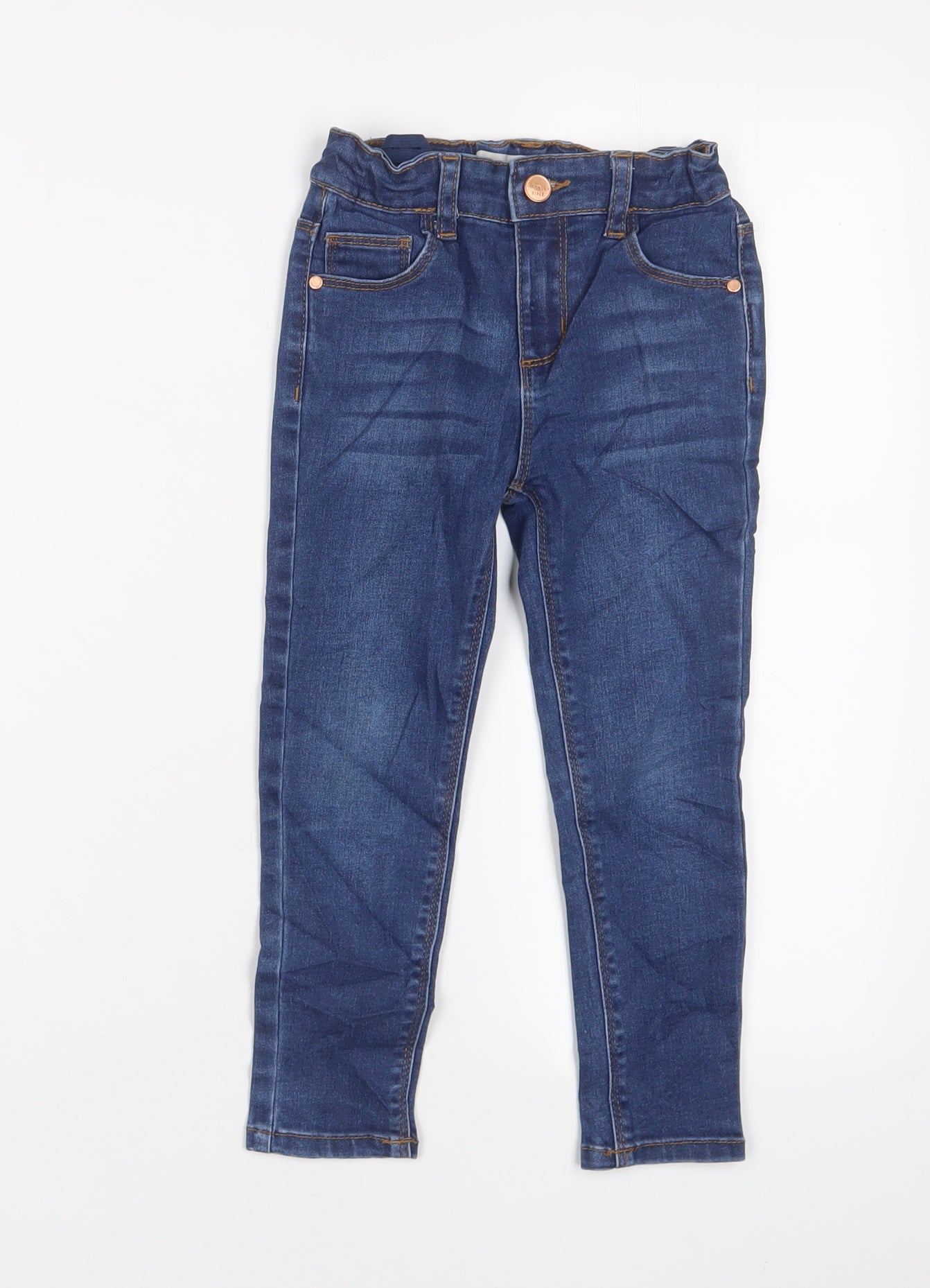 Denim & Co. Girls Blue Cotton Skinny Jeans Size 4-5 Years Regular Zip - Adjustable waist