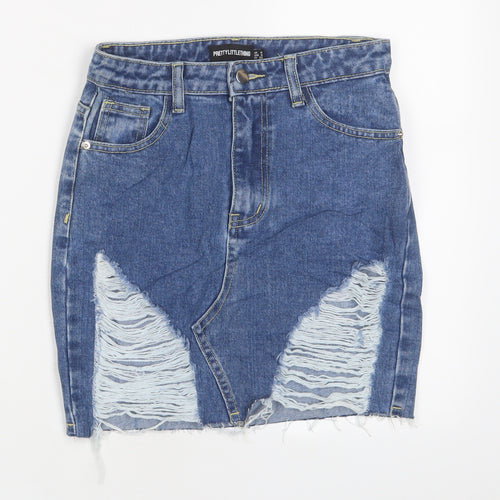 PRETTYLITTLETHING Womens Blue Cotton A-Line Skirt Size 4 Zip - Distressed, Pockets