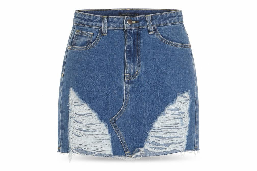 PRETTYLITTLETHING Womens Blue Cotton A-Line Skirt Size 4 Zip - Distressed, Pockets