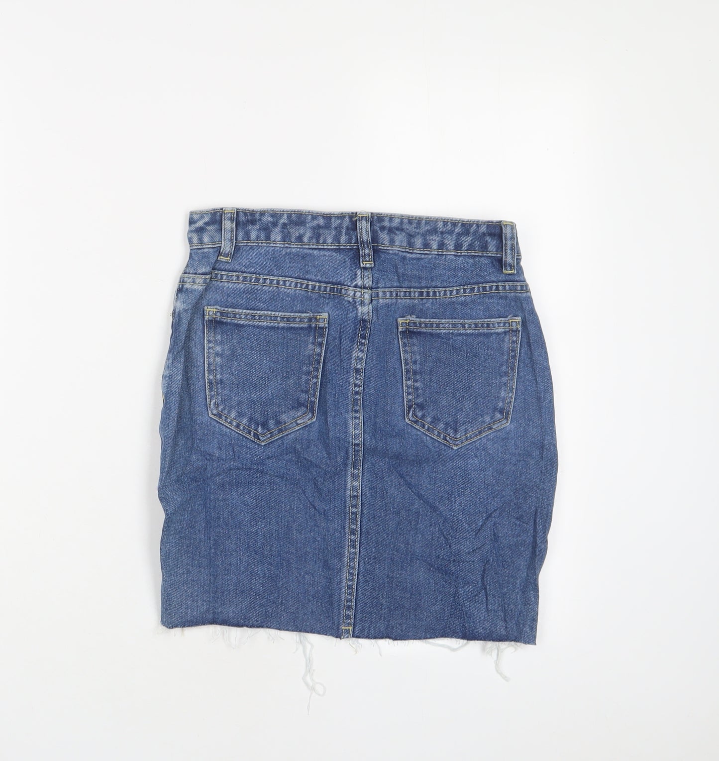 PRETTYLITTLETHING Womens Blue Cotton A-Line Skirt Size 4 Zip - Distressed, Pockets