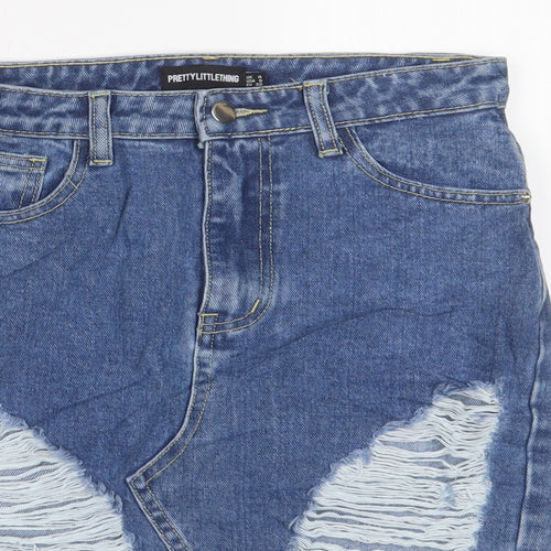 PRETTYLITTLETHING Womens Blue Cotton A-Line Skirt Size 4 Zip - Distressed, Pockets