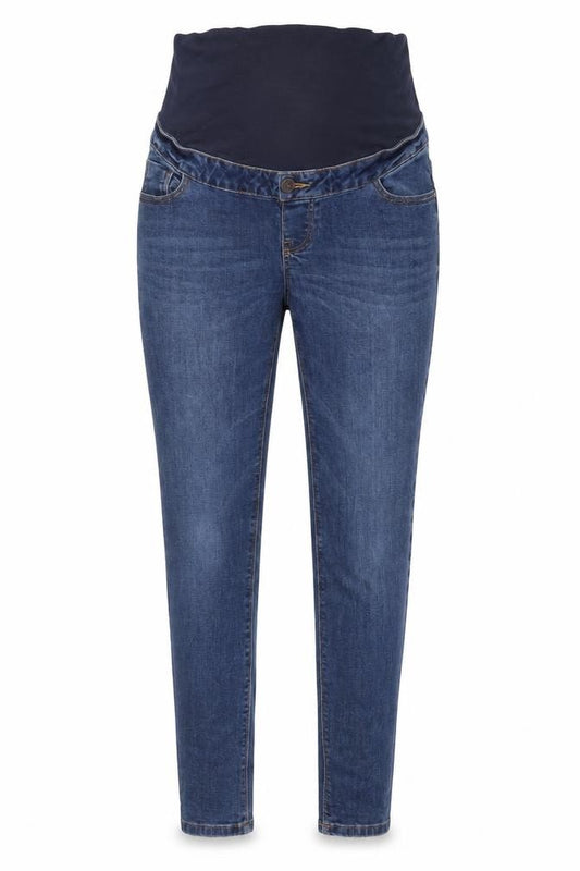 Front view of New Look women’s blue cotton skinny jeans, size UK 10, 28-inch leg regular button