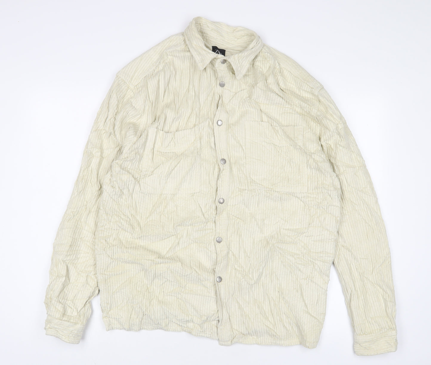 Zara Mens Ivory Cotton Button-Up Size M Collared Button