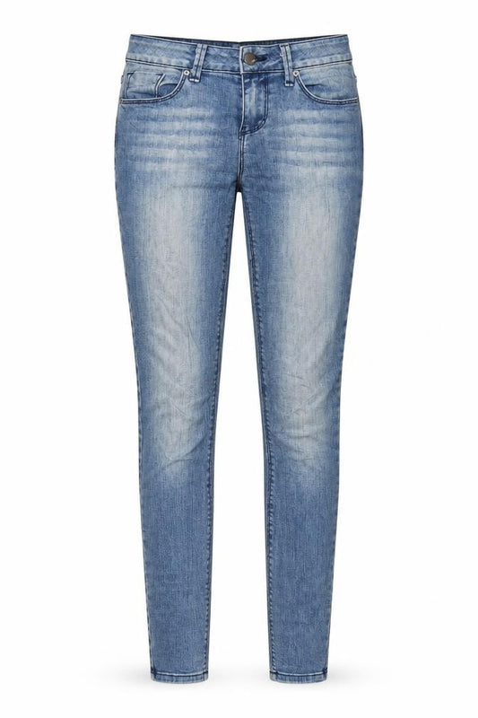 Front view of BDG women’s blue cotton skinny jeans, size UK 26, in, 30-inch leg regular zip