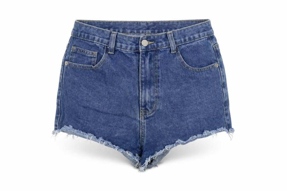 Front view of PRETTYLITTLETHING women’s blue cotton hot pants shorts, size UK 10, 3-inch leg regular button