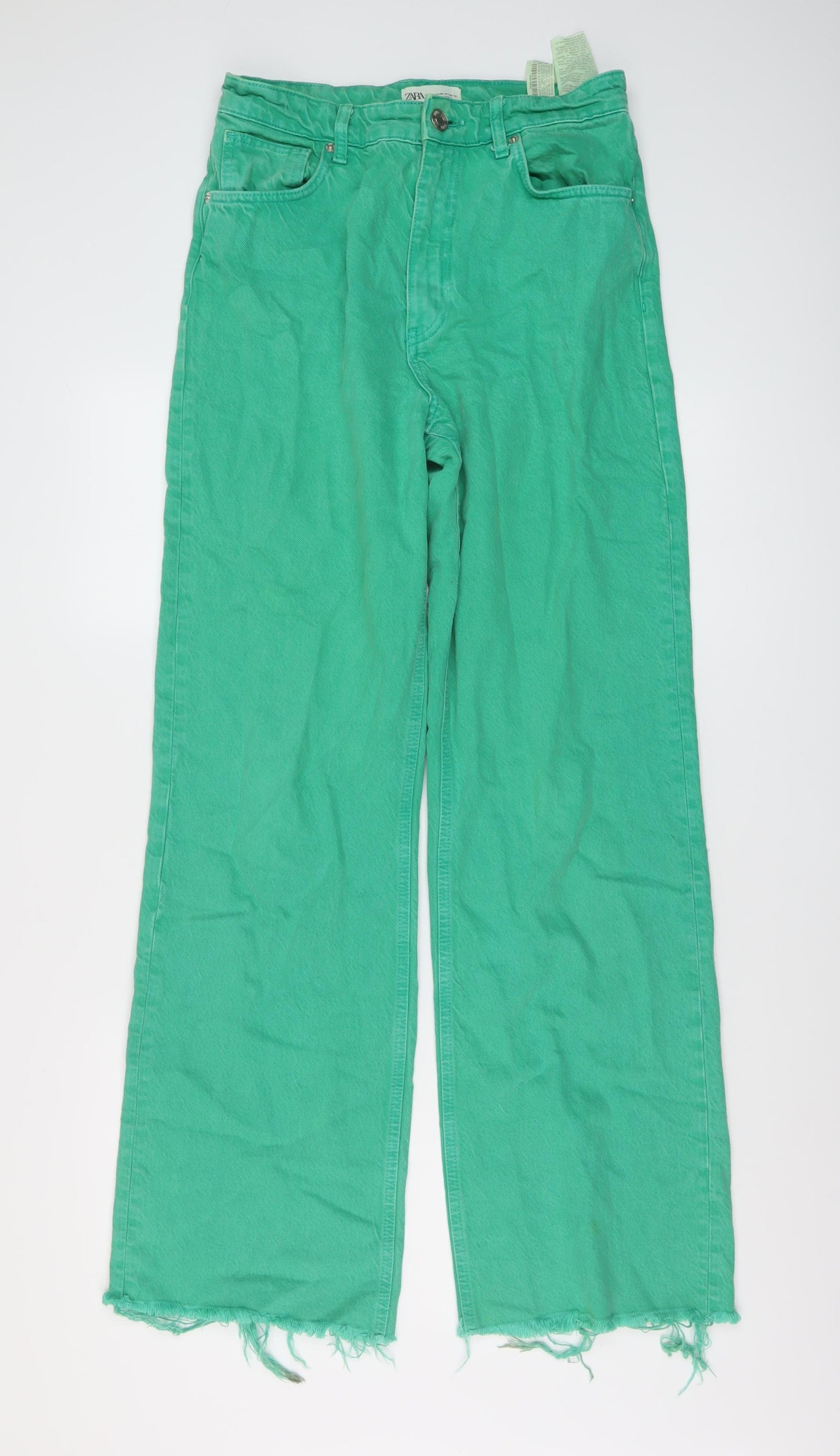 Zara Womens Green Cotton Wide-Leg Jeans Size 12 L32 in Regular Button