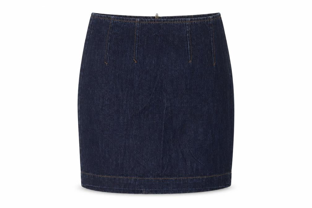 Front view of Warehouse women’s blue cotton mini skirt, size UK 10, zip