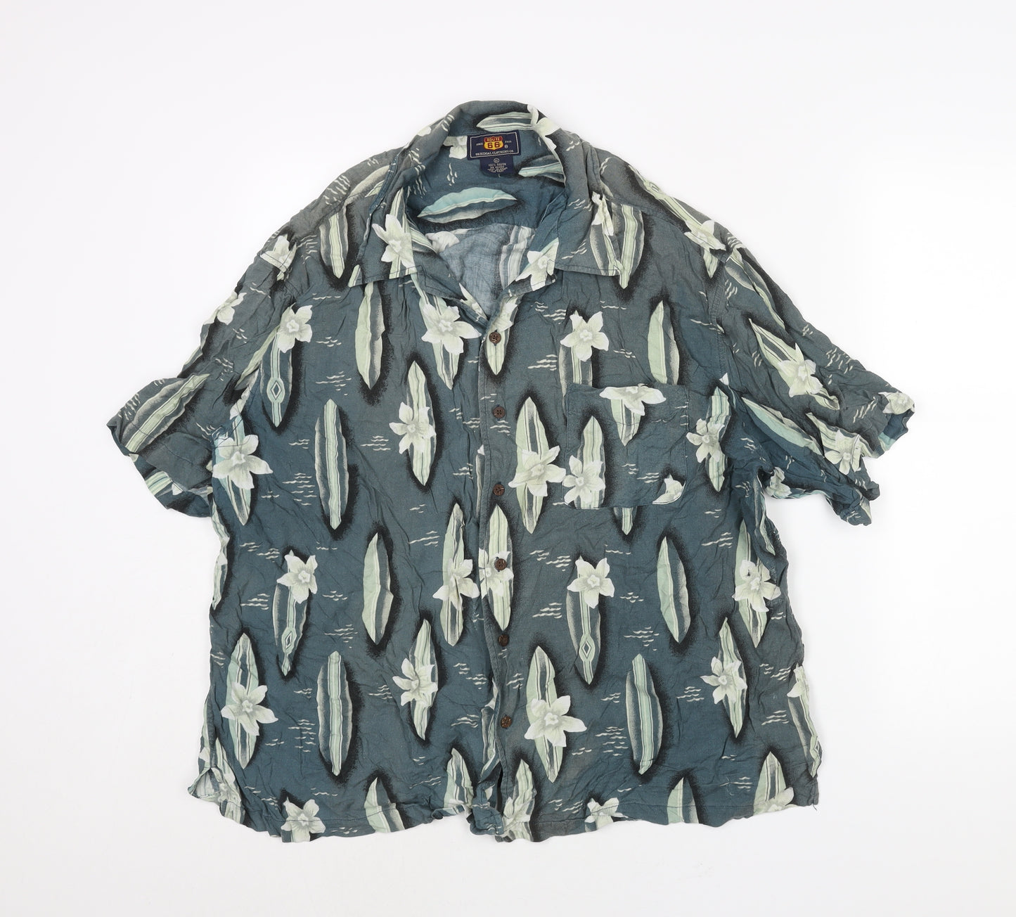 Route 66 Mens Blue Geometric Viscose Button-Up Size XL Collared Button - Vintage Surf Board Print