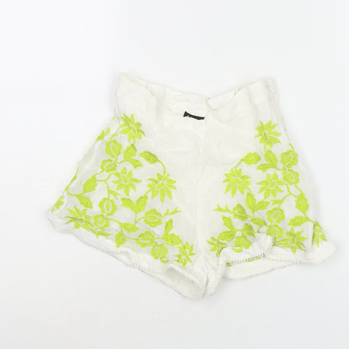 Topshop Womens White Viscose Hot Pants Shorts Size 6 L3 in Regular Zip - Floral Embroidery