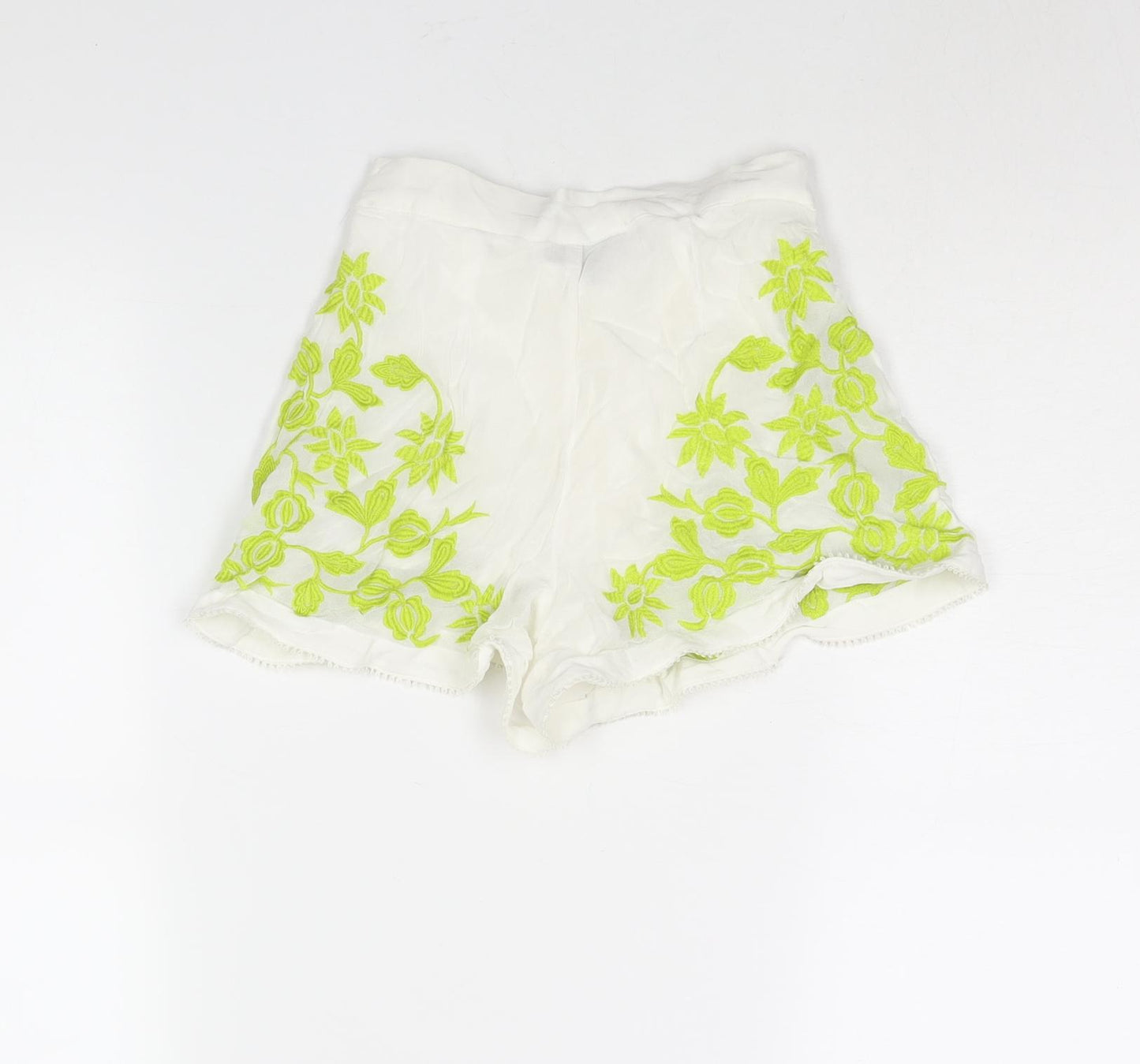 Topshop Womens White Viscose Hot Pants Shorts Size 6 L3 in Regular Zip - Floral Embroidery