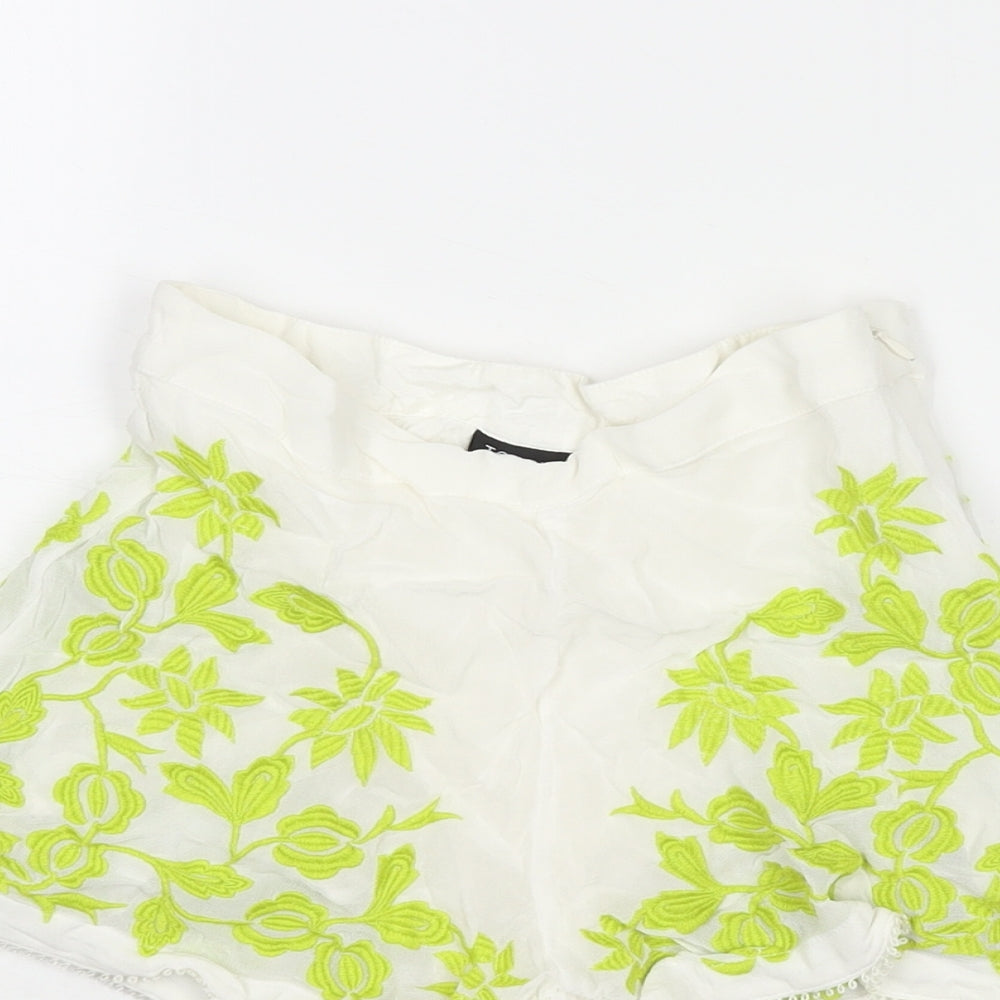 Topshop Womens White Viscose Hot Pants Shorts Size 6 L3 in Regular Zip - Floral Embroidery