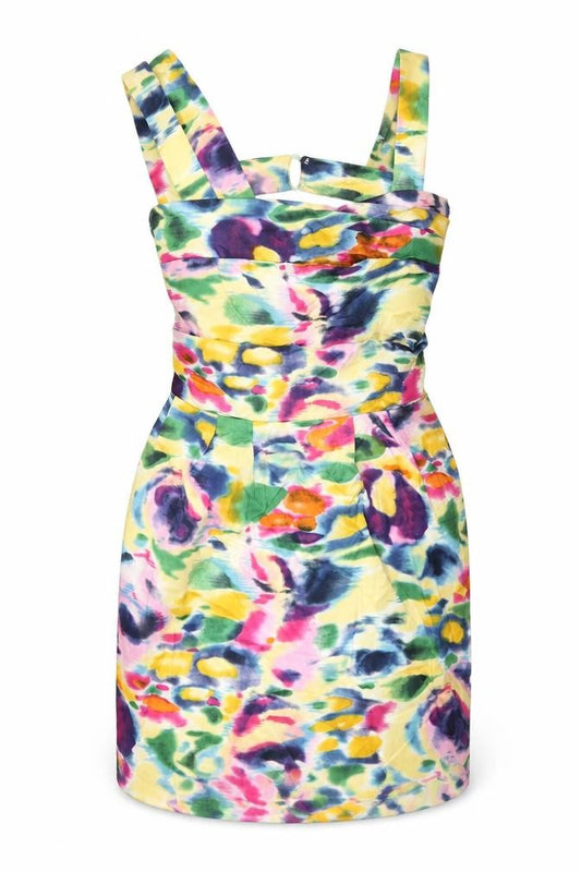 Front view of Lipsy women’s multicoloured striped cotton mini, size UK 8, square neck zip