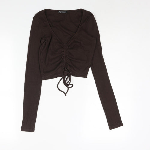 Zara Womens Brown Cotton Cropped Blouse Size M V-Neck - Ribbed Drawstring Detail