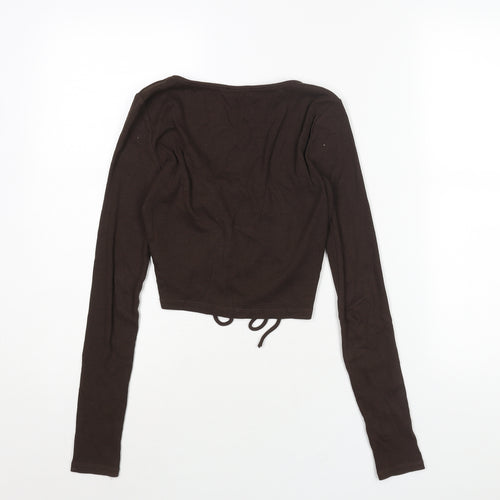 Zara Womens Brown Cotton Cropped Blouse Size M V-Neck - Ribbed Drawstring Detail