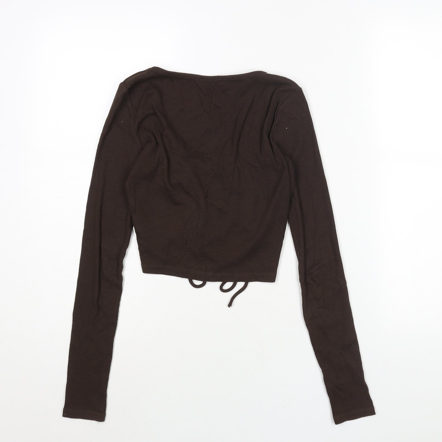 Zara Womens Brown Cotton Cropped Blouse Size M V-Neck - Ribbed Drawstring Detail