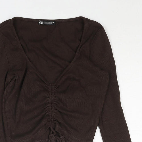 Zara Womens Brown Cotton Cropped Blouse Size M V-Neck - Ribbed Drawstring Detail