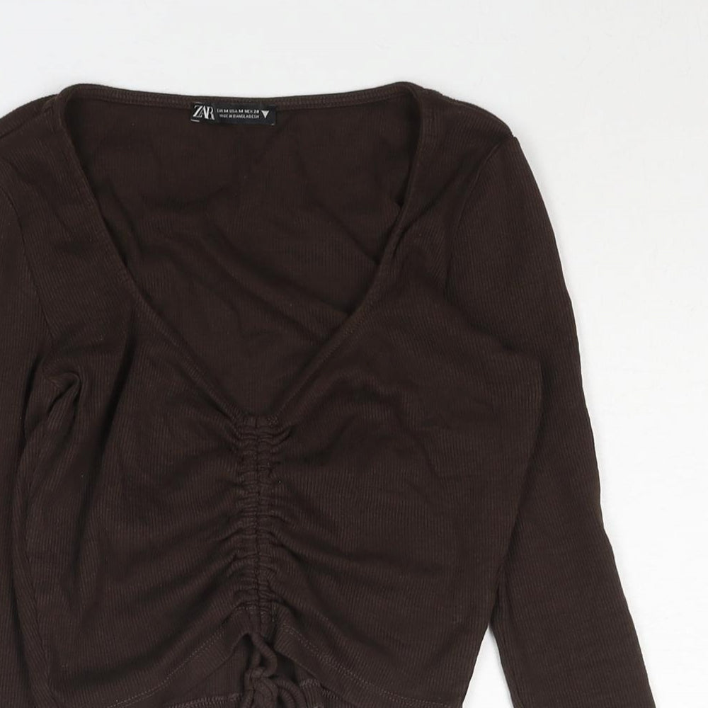 Zara Womens Brown Cotton Cropped Blouse Size M V-Neck - Ribbed Drawstring Detail