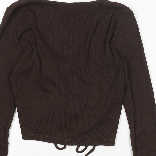 Zara Womens Brown Cotton Cropped Blouse Size M V-Neck - Ribbed Drawstring Detail