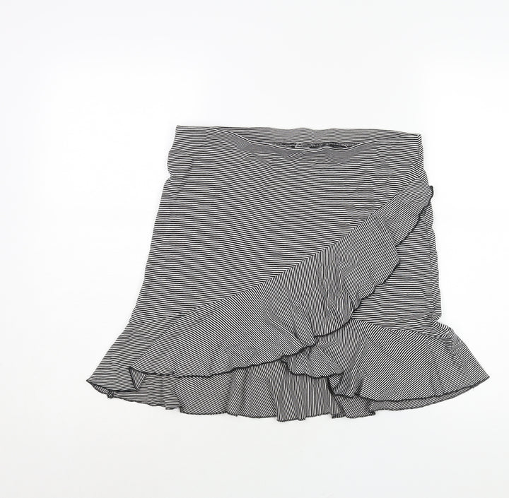 H&M Womens Black Striped Polyester A-Line Skirt Size 32 in - Wrap Style Frill
