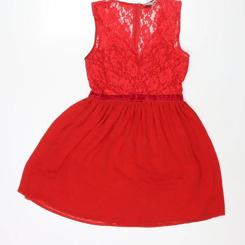 ASOS Womens Red Nylon Fit & Flare Size 10 Round Neck Zip - Lace Bodice Bow